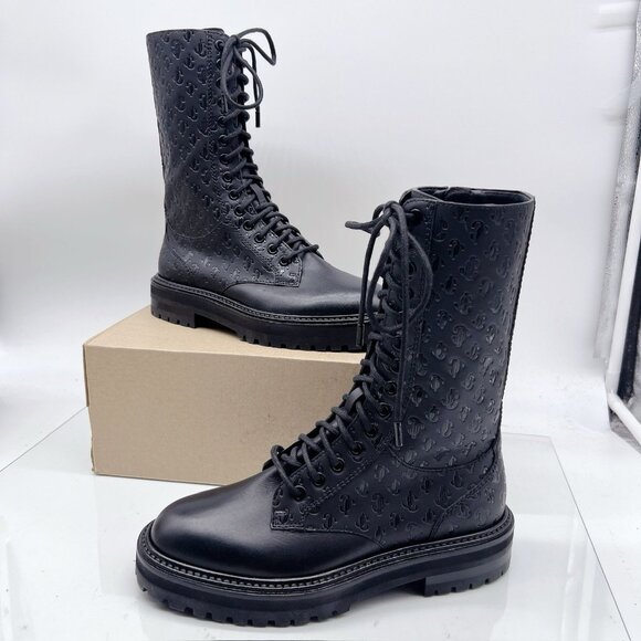 Jimmy Choo Cora Monogram Logo Debossed Combat Boots Black Leather EU 36.5 US 6.5 - Picture 2 of 9